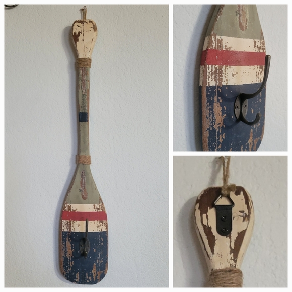 Wooden Nautical Painted Oar Boat Paddle Red White and Blue Wall Hook - Picture 1 of 10